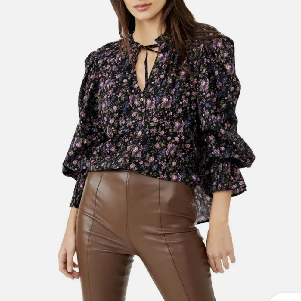 Free People Black Puff Sleeve Blouse with Ruffled Tie Front